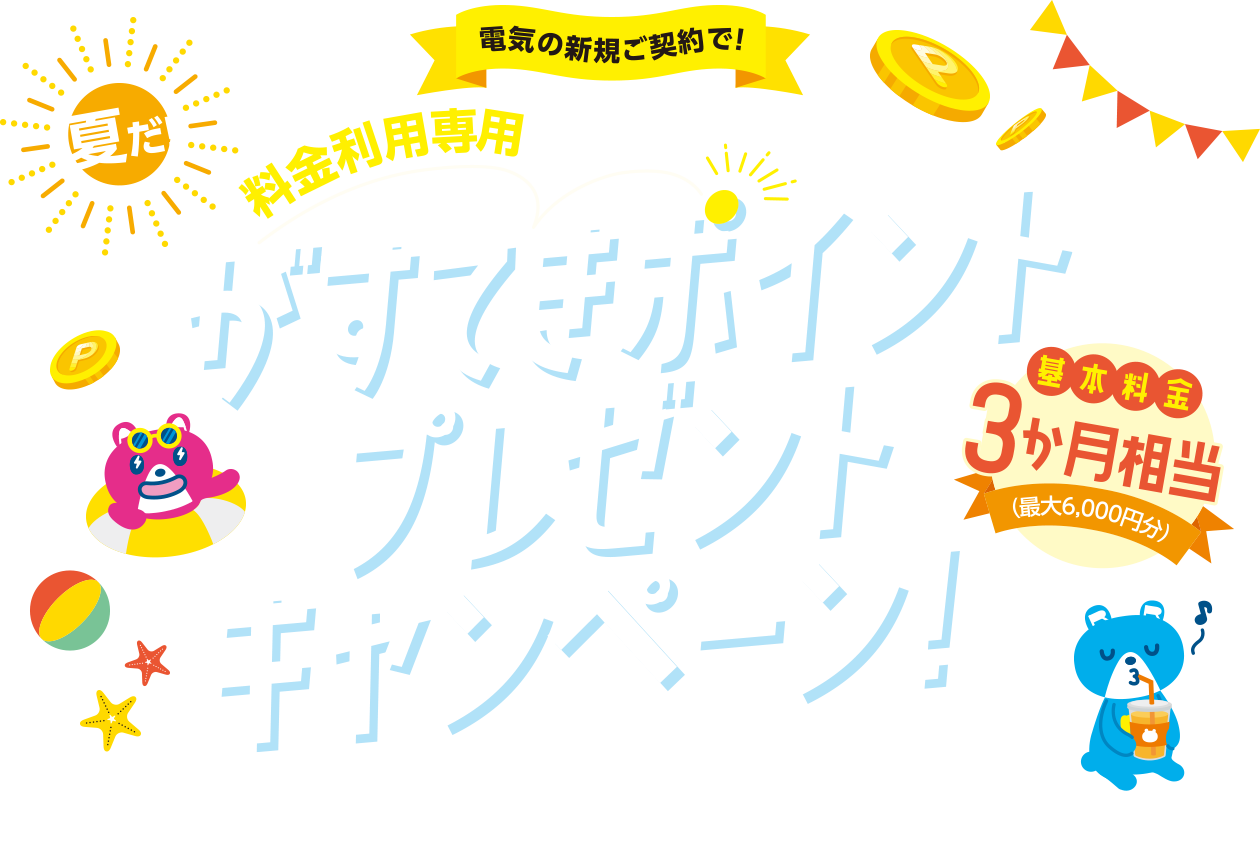 電気の新規ご契約で！夏だ！料金利用専用がすてきポイントプレゼントキャンペーン！基本料金3か月相当（最大6,000円分）2026年7月1日（水曜）～2026年9月30日（水曜）