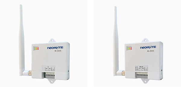 無線データ計測モジュール（共同開発品）外観写真（左：熱電対温度センサノード、右：アナログ入力ノード）