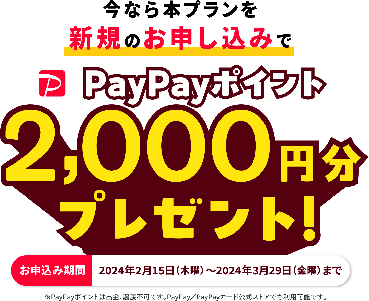 今なら本プランを新規のお申し込みでPayPayポイント5,000円分プレゼント! ※出金と譲渡はできません。PayPay公式ストアでも利用可能です。