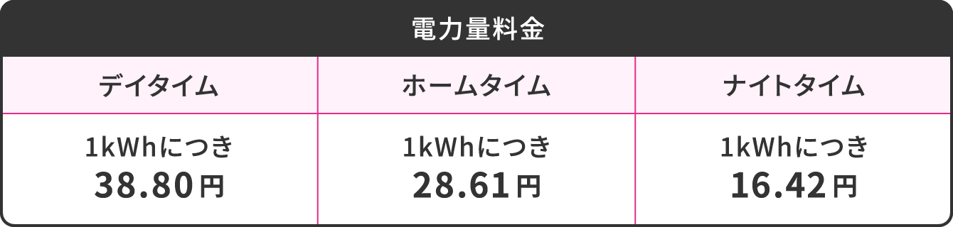 電力量料金 デイタイム 1kWhにつき38.80円 ホームタイム 1kWhにつき28.61円 ナイトタイム 1kWhにつき16.42円