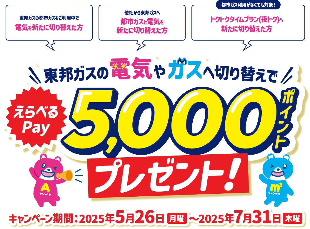 東邦ガスの都市ガスをご利用中で電気を新たに切り替えた方 他社から東邦ガスへ都市ガスと電気を新たに切り替えた方 都市ガス利用がなくても対象！トクトクタイムプラン(夜トク)へ新たに切り替えた方 東邦ガスの電気やガスへ切り替えでえらべるPay5,000ポイントプレゼント！ キャンペーン期間：2025年5月26日（月曜）～2025年7月31日(木曜)