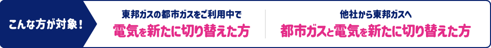 こんな方が対象！ 東邦ガスの都市ガスをご利用中で電気を新たに切り替えた方 他社から東邦ガスへ都市ガスと電気を新たに切り替えた方
