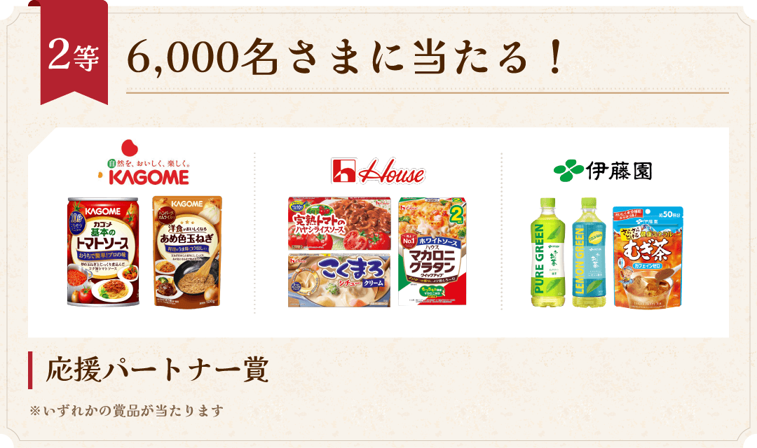 2等 6,000名さまに当たる！ 応援パートナー賞 ※いずれかの賞品が当たります