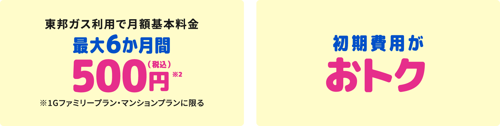 東邦ガス利用で月額基本料金最大６か月間500円（税込）※2 ※16ファミリープラン・マンションプランに限る 初期費用がおトク
