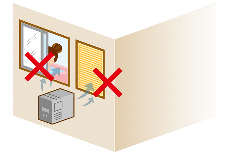 機器の上方に窓がある場合、使用中は閉めてください。