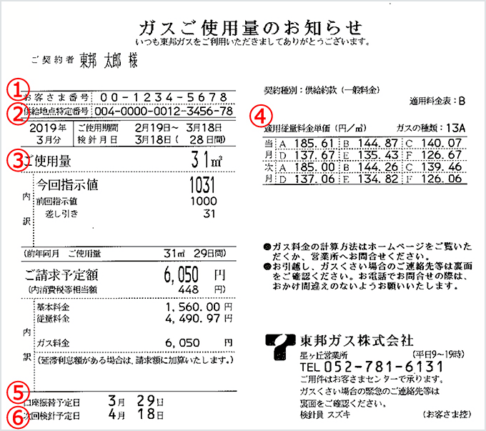 「ガスご使用量のお知らせ」見本