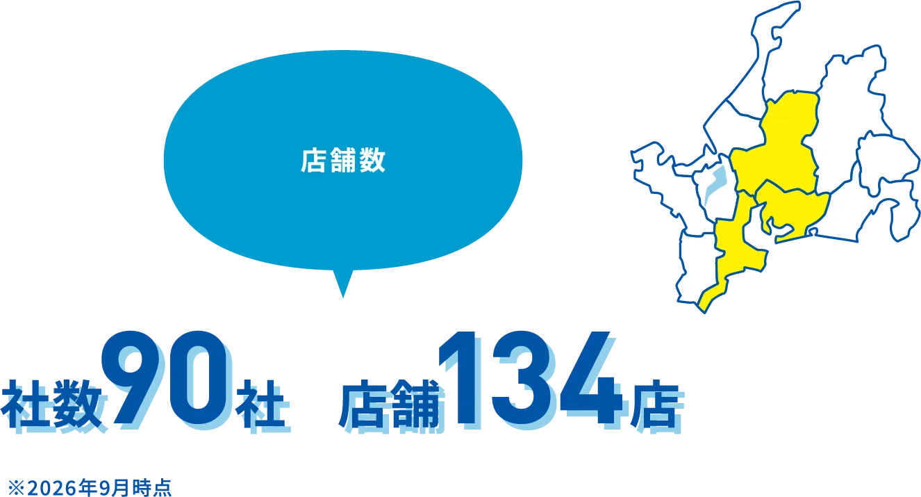 店舗数 社数90社 店舗134店 ※2026年9月時点