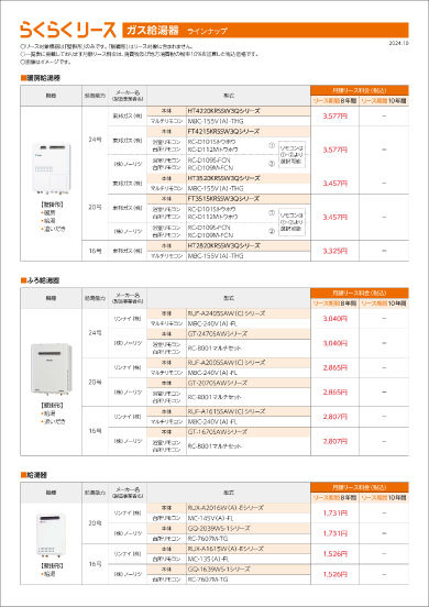 らくらくリースガス給湯器ラインナップ