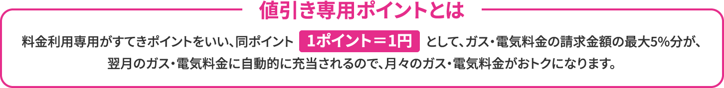 値引き専用ポイントとは 料金利用専用がすてきポイントをいい、同ポイント 1ポイント = 1円 として、ガス・電気料金の請求金額の最大5%分が、翌月のガス・電気料金に自動的に充当されるので、月々のガス・電気料金がおトクになります。
