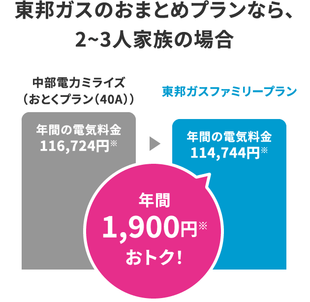 東邦ガスのおまとめプランなら、2~3人家族の場合