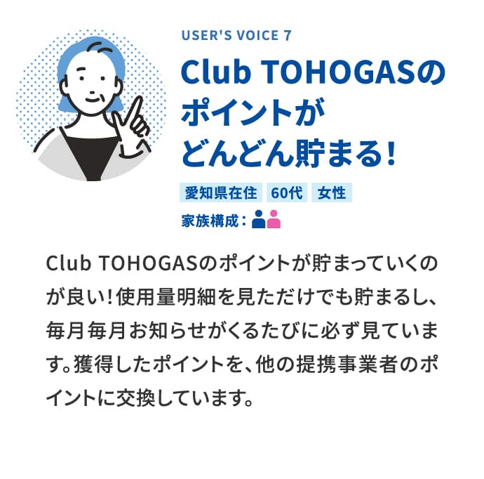 USER'S VOICE 7 Club TOHOGASのポイントがどんどん貯まる！ 愛知県在住 60代 女性 家族構成:夫、妻 Club TOHOGASのポイントが貯まっていくのが良い！使用量明細を見ただけでも貯まるし、毎月毎月お知らせがくるたびに必ず見ています。獲得したポイントを、他の提携事業者のポイントに交換しています。