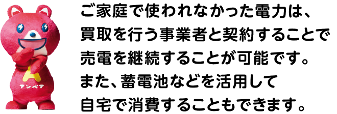 ご家庭で使われなかった電力は、買取を行う事業者と契約することで売電を継続することが可能です。また、蓄電池などを活用して自宅で消費することもできます。