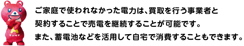 ご家庭で使われなかった電力は、買取を行う事業者と契約することで売電を継続することが可能です。また、蓄電池などを活用して自宅で消費することもできます。