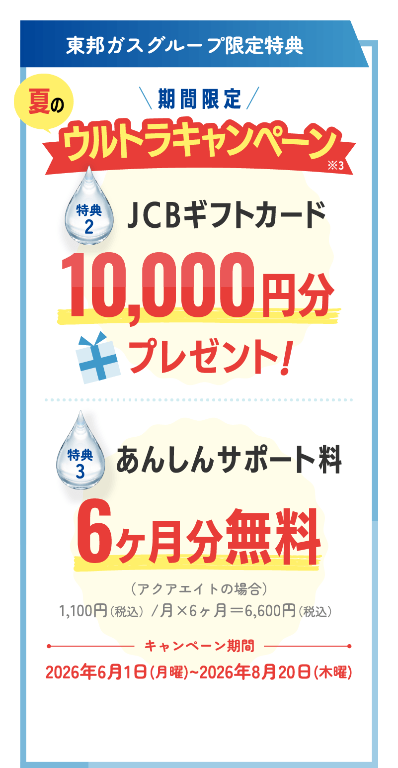 東邦ガスグループ限定特典 期間限定 夏のウルトラキャンペーン※3 特典2 JCBギフトカード10,000円分プレゼント！ 特典3 あんしんサポート料 6ヶ月分無料 （アクアエイトの場合）1,100円（税込）/月×6ヶ月分=6,600円（税込） キャンペーン期間 2026年6月1日（月曜）〜2026年8月20日（木曜）