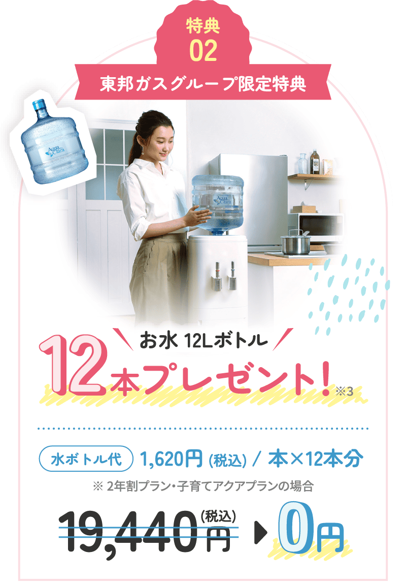 特典02 東邦ガスグループ限定特典 お水12Lボトル 12本プレゼント！※3 水ボトル代 1,620円(税込)/本×12本分 ※2年割プラン・子育てアクアプランの場合 19,440円（税込）→0円
