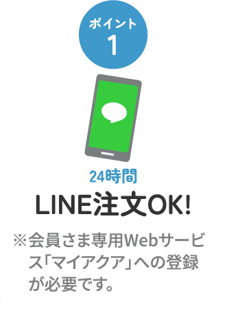 ポイント1 24時間LINE注文OK！ ※会員さま専用Webサービス「マイアクア」への登録が必要です。